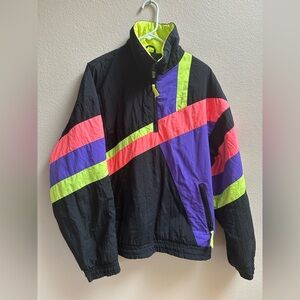 Vintage Dual Control Ski Jacket Windbreaker Sz L Neon Black Color Block 1/4 Zip